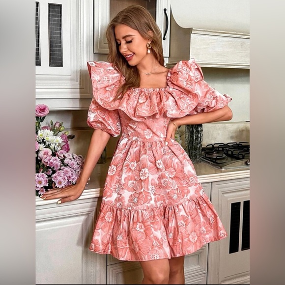 Floral Print Ruffle Trim A-line Dress - Picture 4 of 8